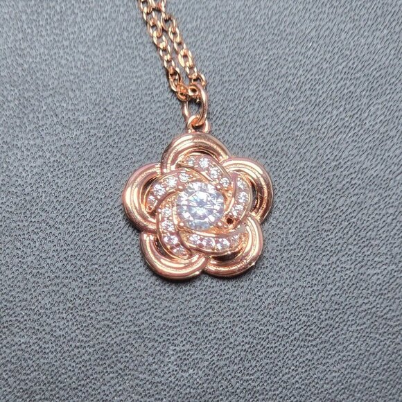 Rose Gold-Plated Silver Flower Pendant Necklace With CZ Center (NWOT) - Picture 2 of 6